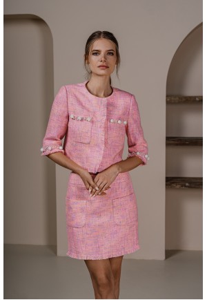 Рожевий жакет із твіду з оздобленням із перлів