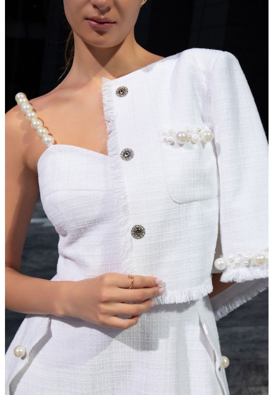 Білий твідовий сарафан із перловими бретелями