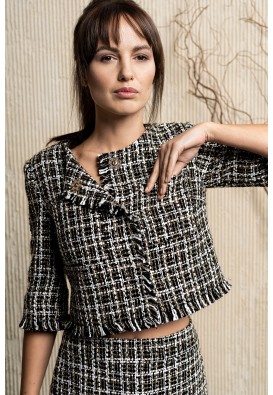 Твідовий кроп-жакет з бахромою 