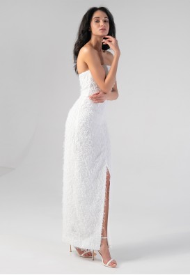 Біла вечірня довга сукня з розрізом